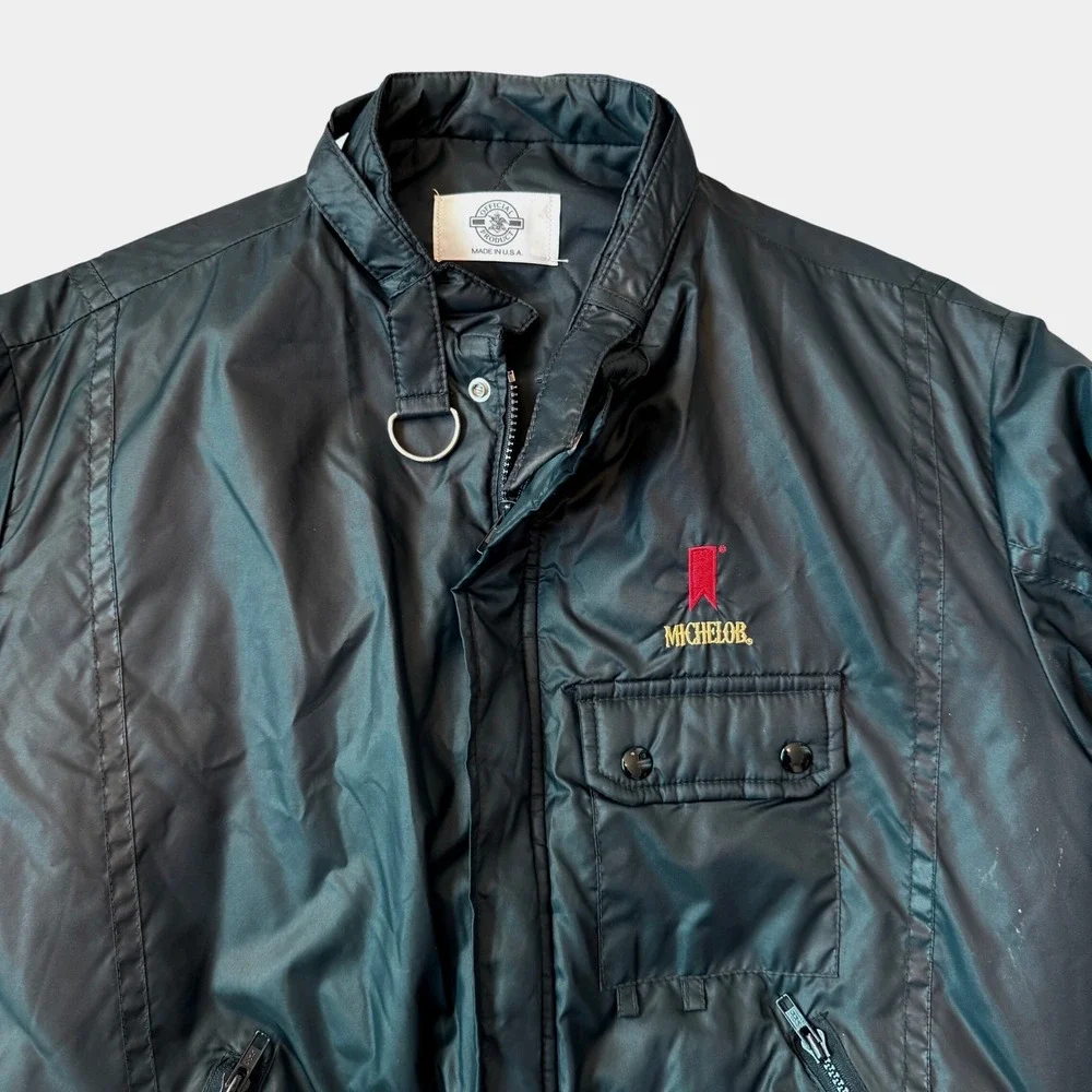 Vintage Michelob Beer Bomber Jacket Mens‎ L Black Made in USA Zip Up